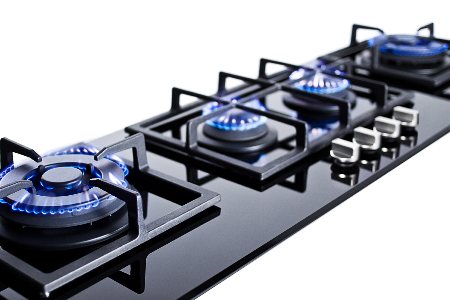 4-burner island gas-on-glass cooktop with sealed burners and cast iron grates
